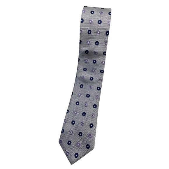 HUGO BOSS TAILORED Men's 100% Silk Necktie LUXURY Tie Gray Geometric W:2.6" EUC